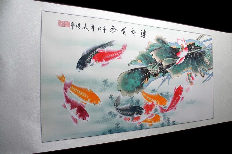荷花九鱼工笔画- 第一字画网Powered by Hishop